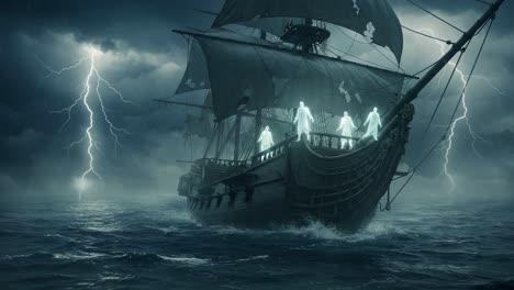 a mysterious ghost ship sailing through stormy waters, surrounded by lightning and dark skies, emitting an ominous atmosphere of the supernatural