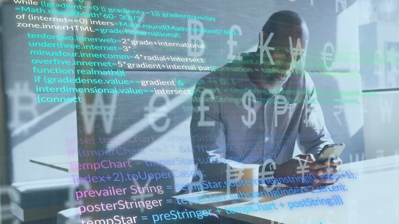 Animation of currency symbols and data over senior african american man using smartphone at desk