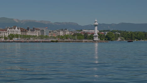 peaceful morning in geneva with the iconic jet d’eau rising from the lake, calm waters reflecting the clear sky, and the city slowly coming to life in the morning light.