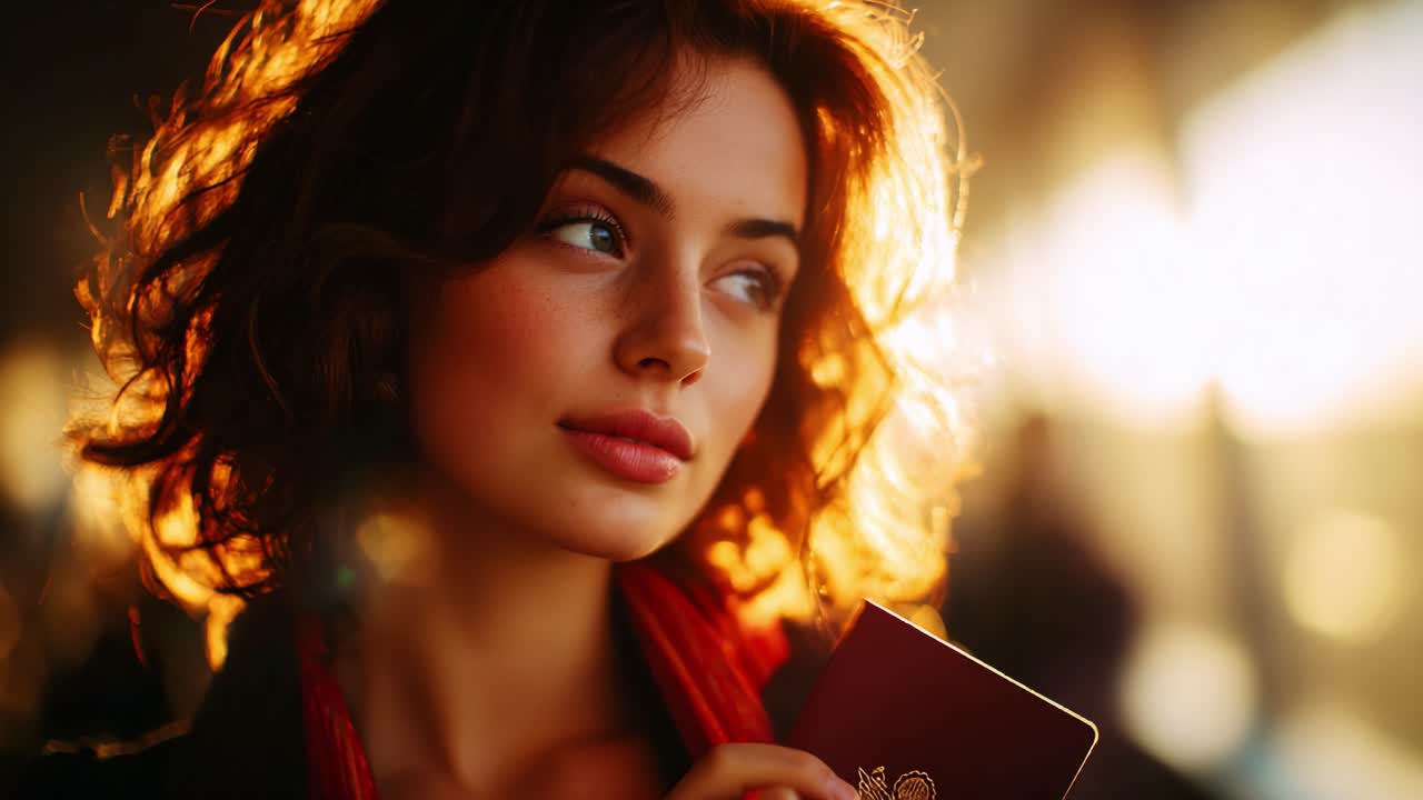 Captivating Portrait of a Young Woman with a Passport Against a Glowing Background, Emphasizing the Beauty, Confidence, and Anticipation of Her Journey Ahead in a Dreamy Soft Focus Setting