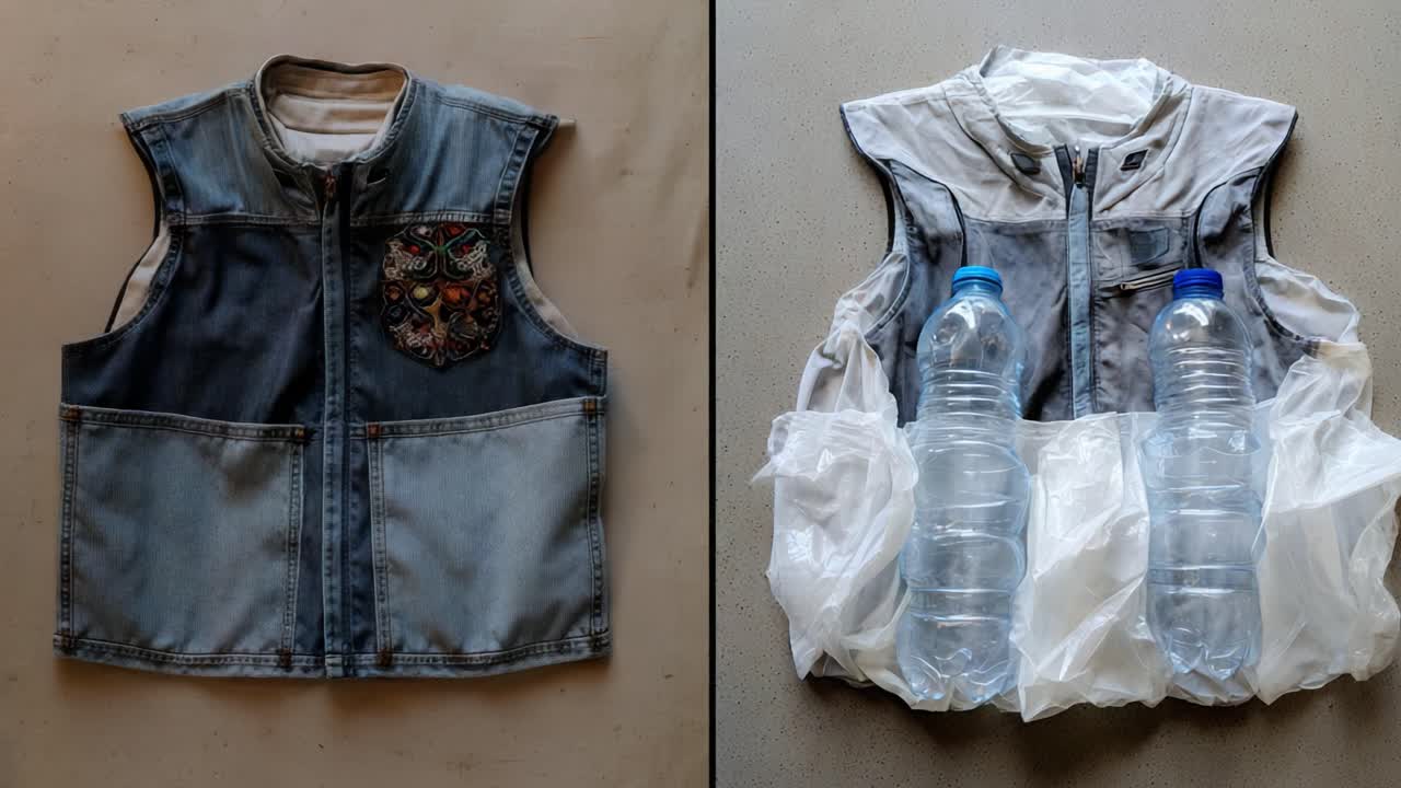 A striking visual transformation showcasing the impact of waste as a vest made of plastic bottles evolves from clutter to a clean design, emphasizing the importance of sustainability and recycling
