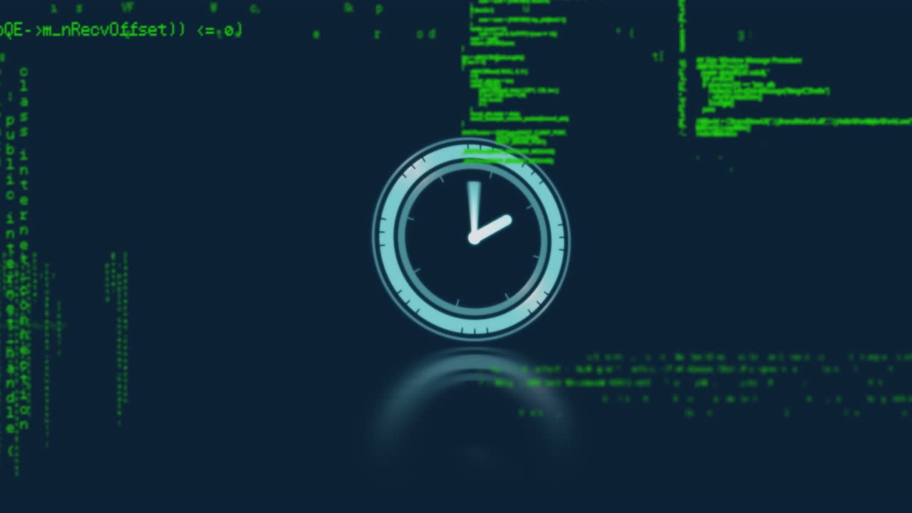 animación del procesamiento de datos, manchas rojas y reloj moviéndose rápidamente sobre la faja