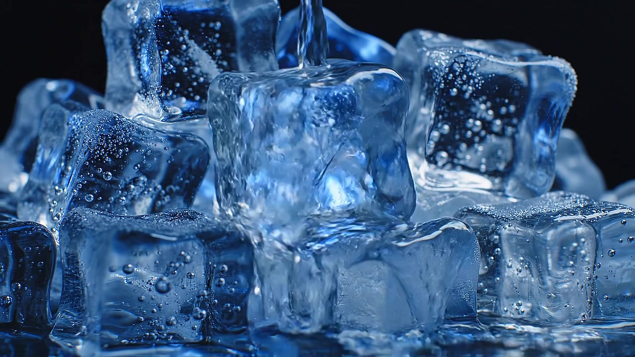 Close-up of translucent blue ice cubes with internal bubbles