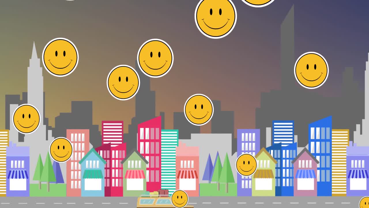 도시 풍경에 떠다니는 여러 개의 미소 짓는 얼굴 이모티콘
