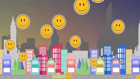 Multiple-smiley-face-emojis-floating-against-cityscape