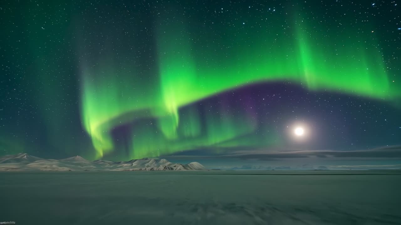 Cortine danzanti di aurora boreale verde che si estendono e si alzano sulla pianura artica al chiaro di luna, spinte dal sole