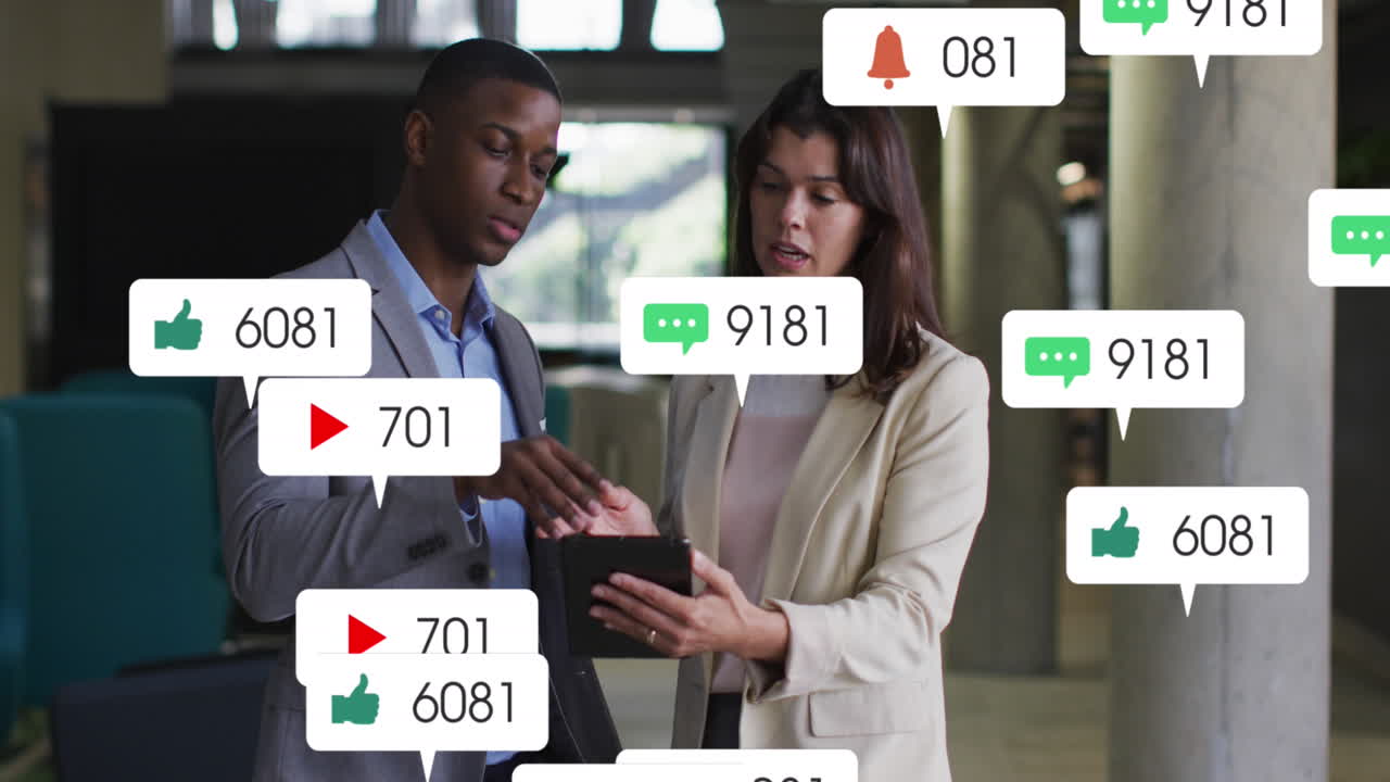 Animation of social media icons and numbers over diverse business people