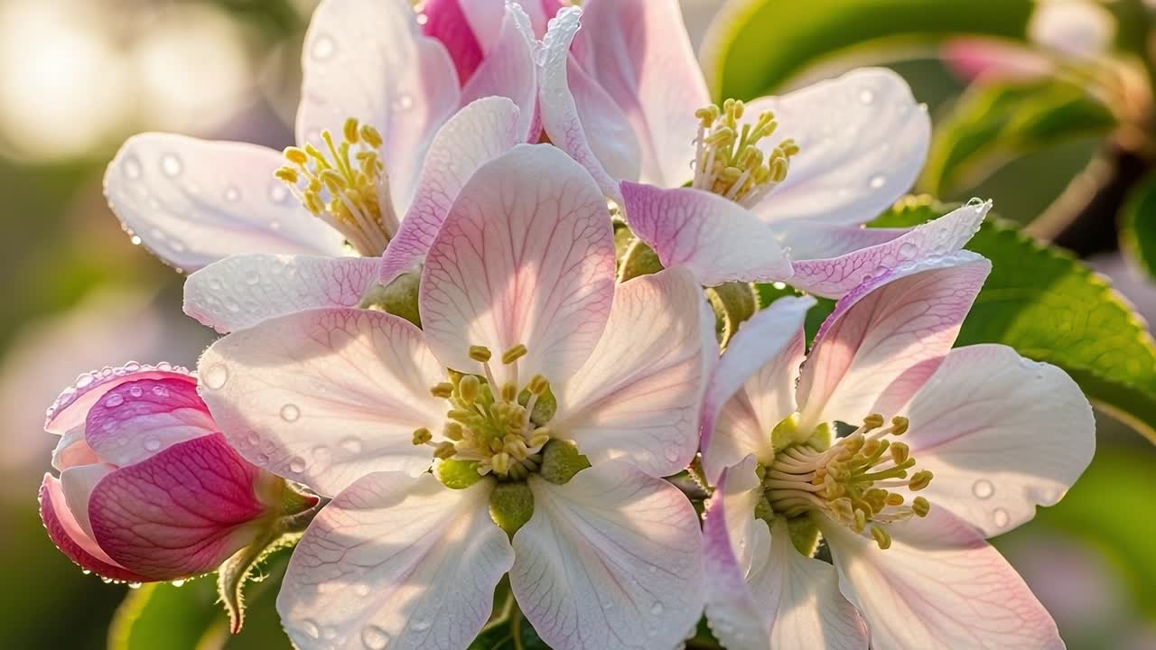 Delicate Blossoms of Spring: Captivating Close-Up of Dew-Kissed Apple Flowers Showcasing Their Ethereal Beauty and Vibrant Colors in Natural Light