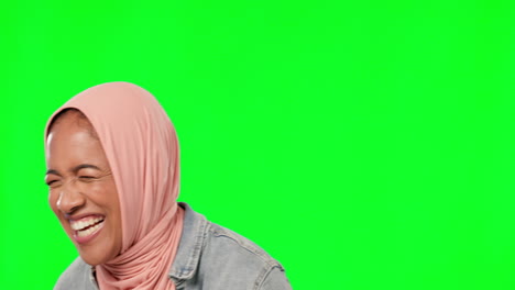 Muslim,-hijab-and-woman-laughing-on-green-screen