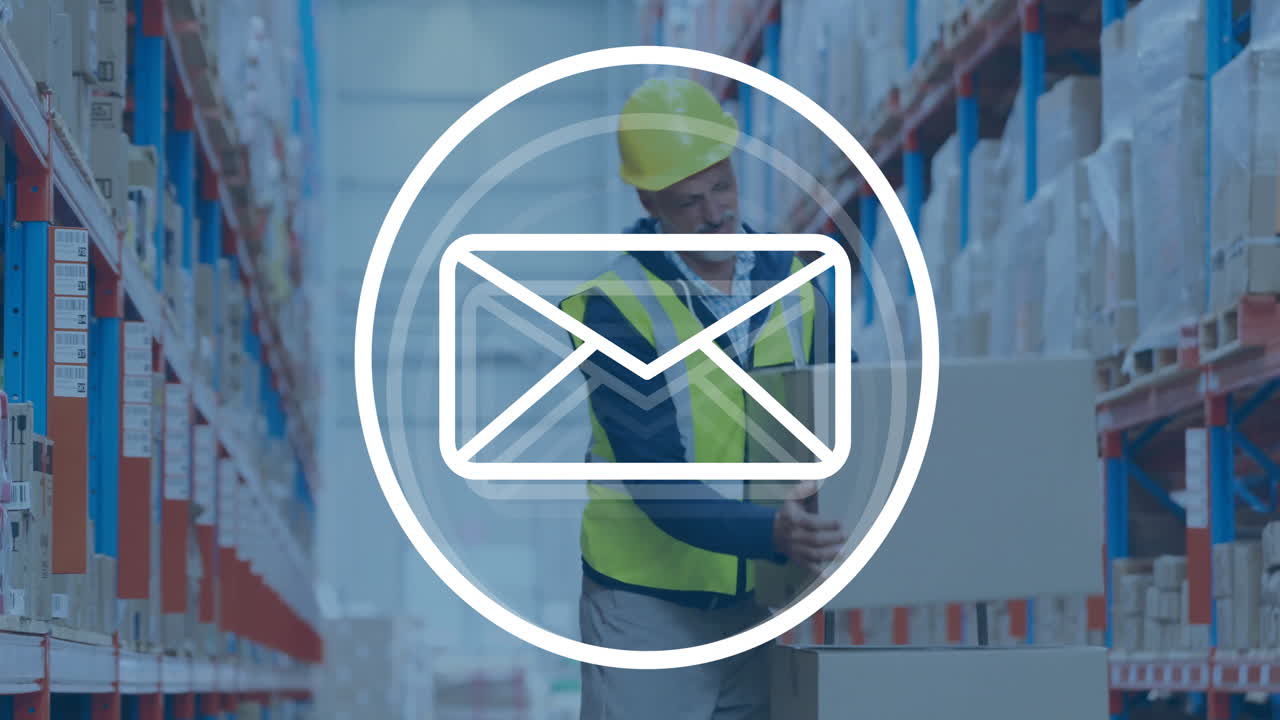 Animation of envelope icon over caucasian male worker in warehouse