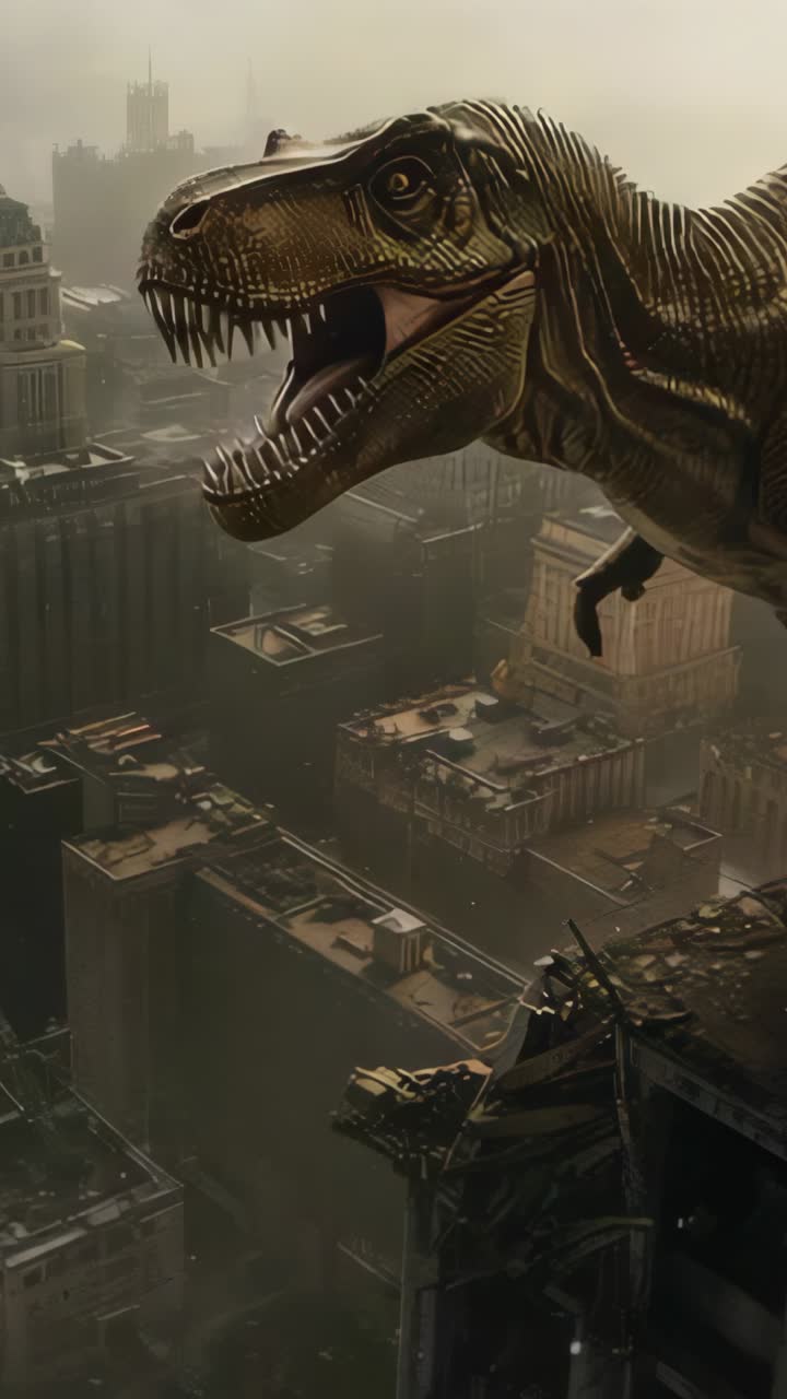 Vertical video: Head entering frame causing dinosaur opening jaws and roaring over rooftop skyline