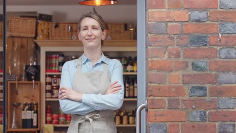 portrait of female owner standing in doorway of delicatessen  food shop