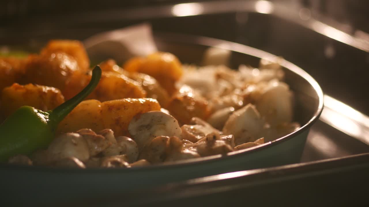 Close-up de batatas, cogumelos e pimentões verdes em uma assadeira no forno