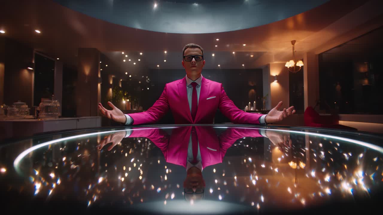 A confident individual in a vibrant pink suit sits at a reflective table, projecting an air of authority and calmness amidst an elegantly lit setting, capturing the essence of charisma and sophistication