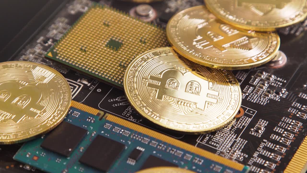 bitcoins en placa de circuito y procesador, girando lentamente en 4k, concepto de minería de criptomonedas con componentes informáticos