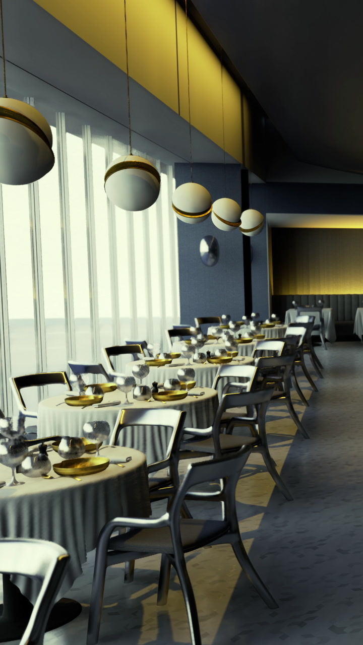 Modern restaurant interior with tables set for dining at sunset hour