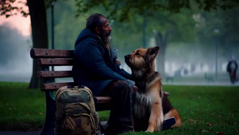 homeless man and dog in a foggy park