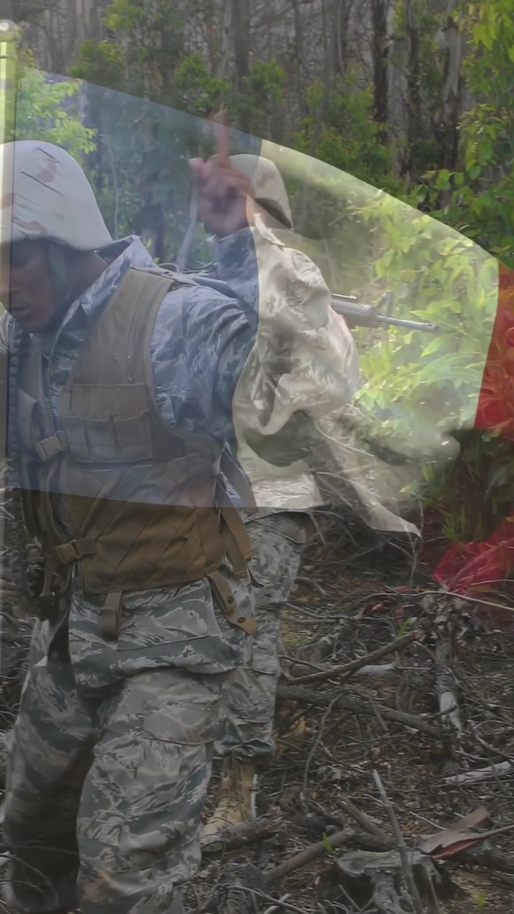 Vertikal video: Militærpar signalerer, bevæger sig over træstammer, spejder efter dækning, flag-overlay trækker sig tilbage