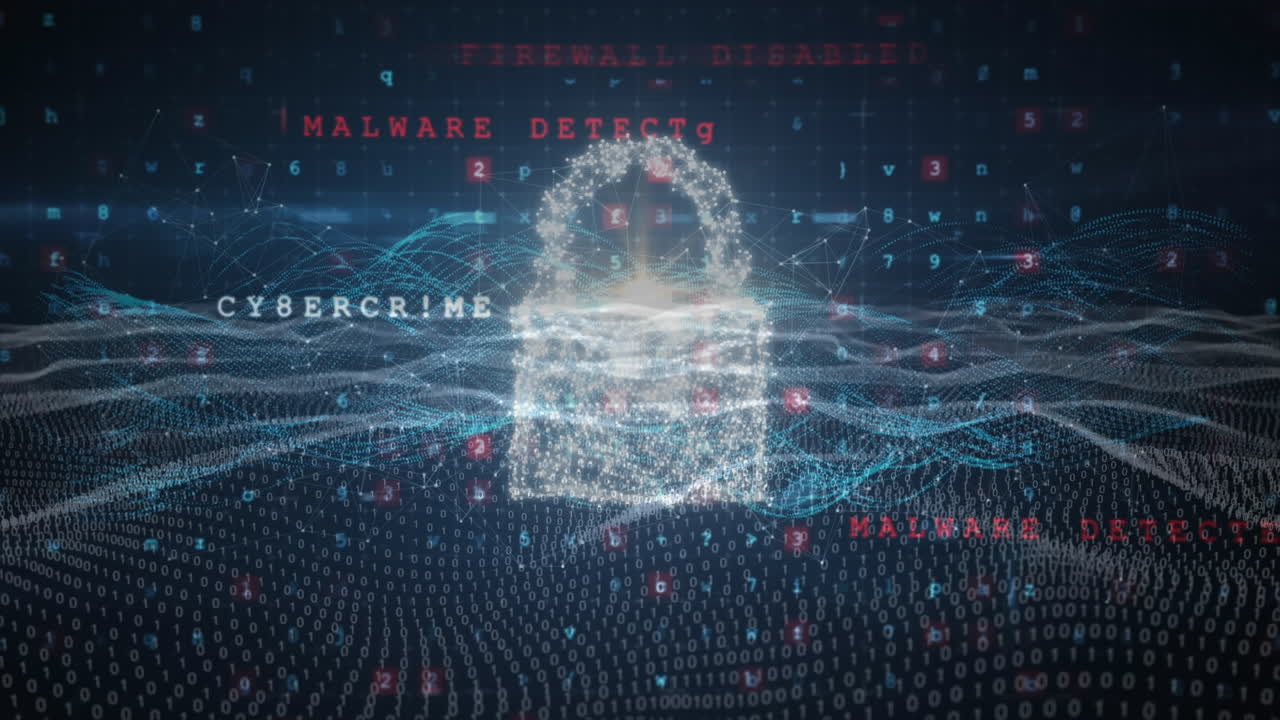 Animation of data processing with online security padlock and shield over hand on dark background