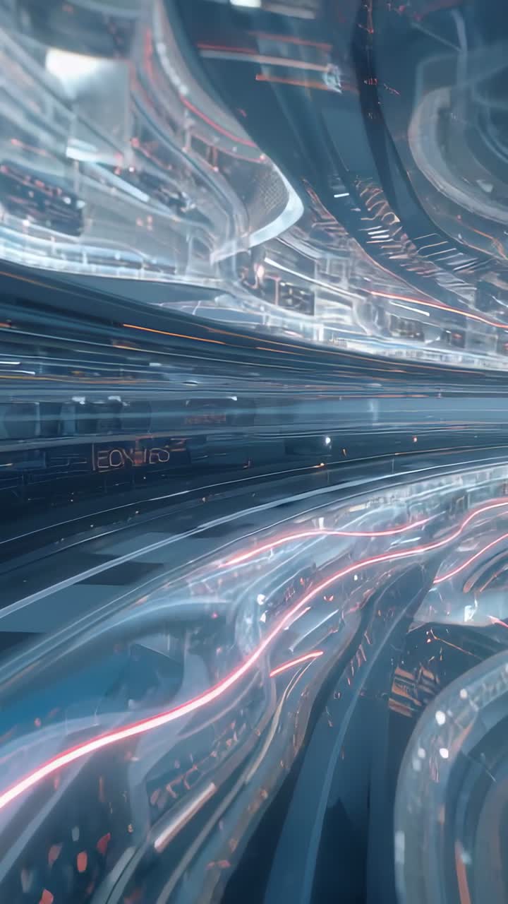 Video verticale: carrellata con camera che attraversa un corridoio di transito lucido lungo i binari, con scie al neon
