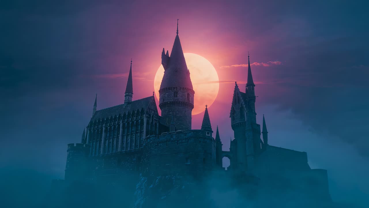 Zooming in, tilting up camera as red moon rising behind spire, uncovering cliff castle, fog, clouds