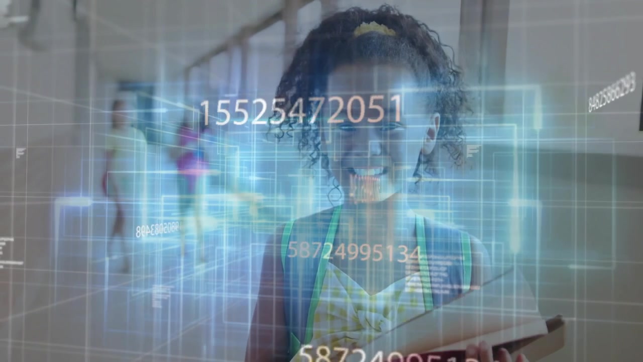 Girl tapping phone and holding notebook launching education holographic grid surrounding her