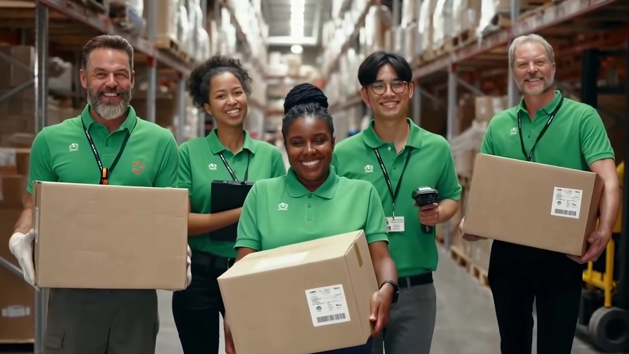 Mangfoldigt team af lagerarbejdere holder pakker i distributionscenter