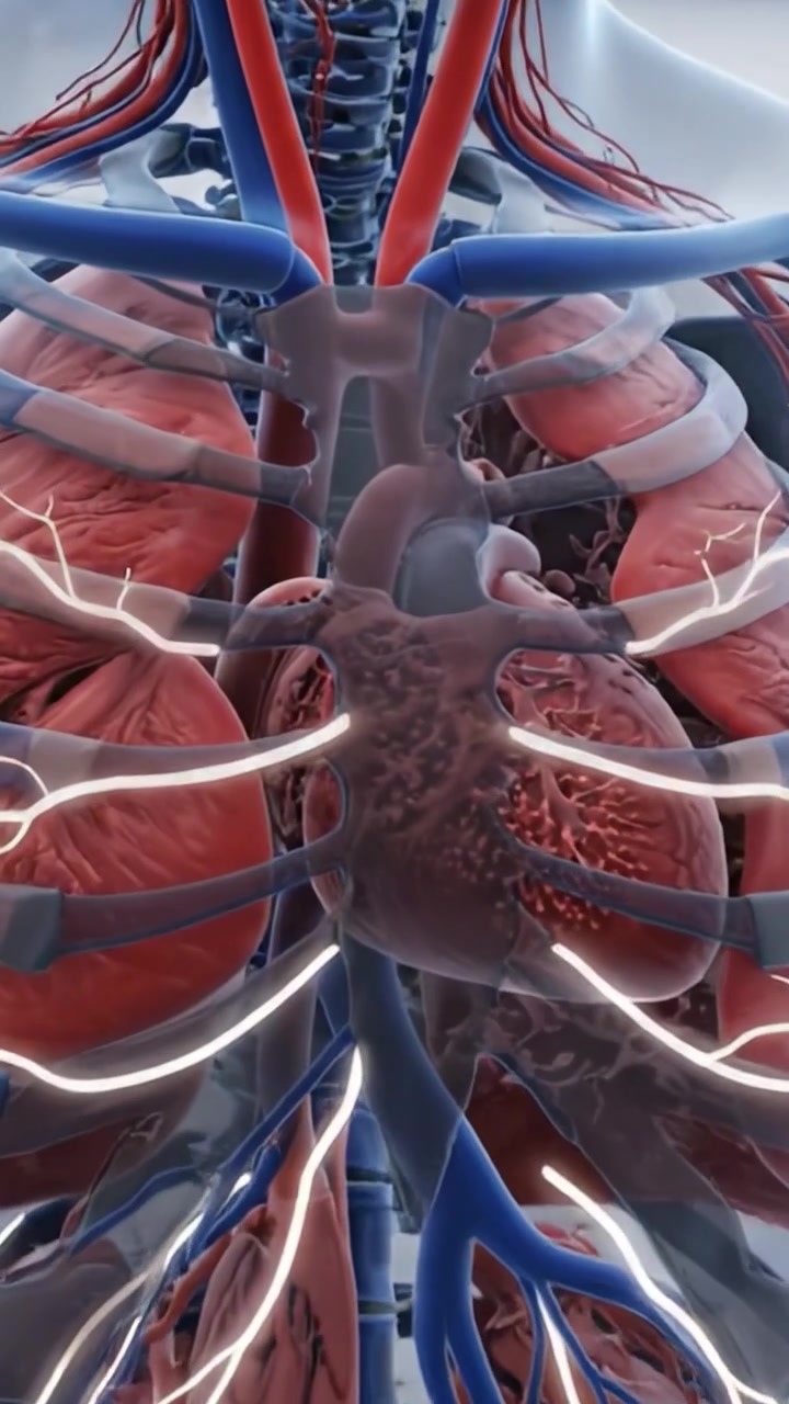 Visualizzazione anatomica dettagliata del cuore umano e della cavità toracica, che evidenzia le complessità delle strutture cardiache e del sistema vascolare circostante.