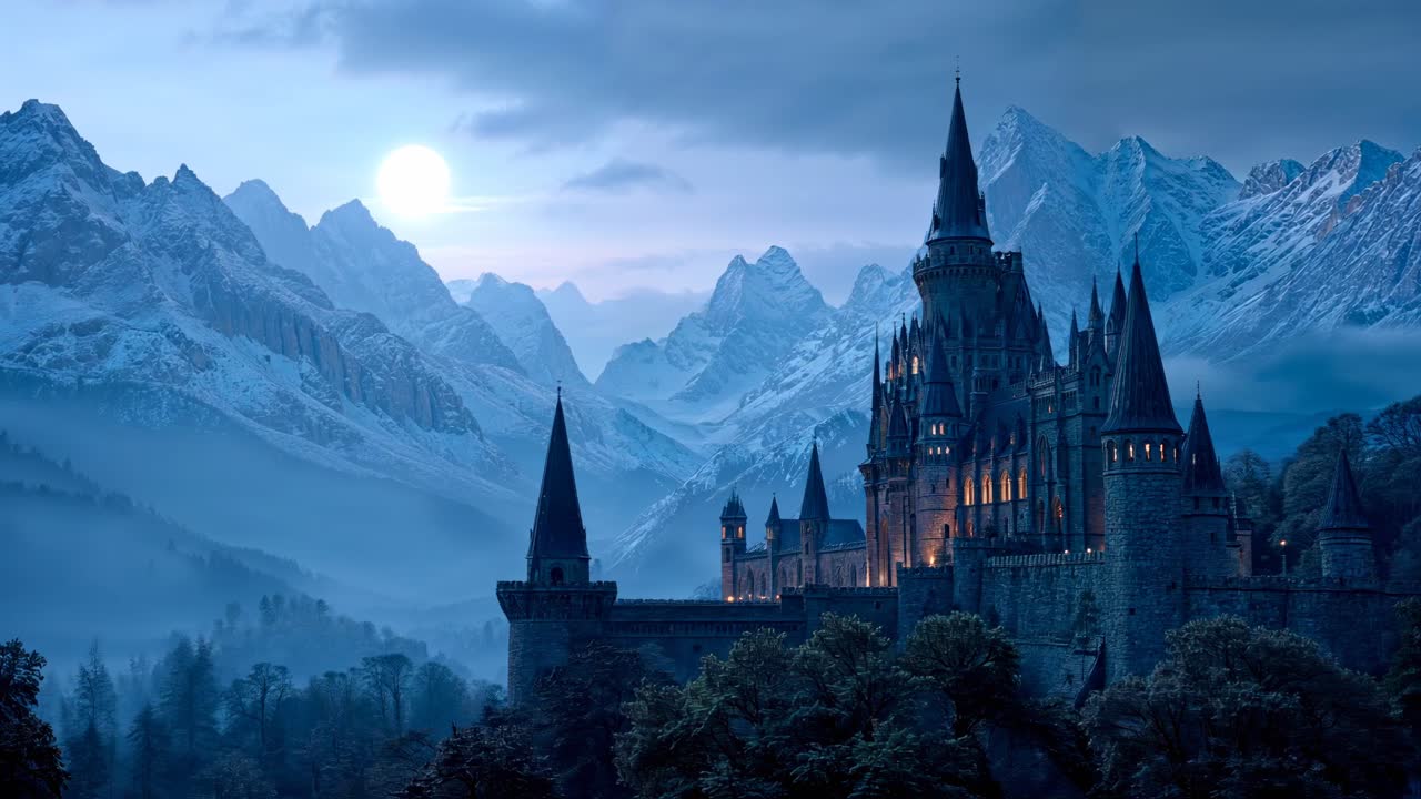 Majestic night castle set amidst the serene snowy mountains offering a stunning view