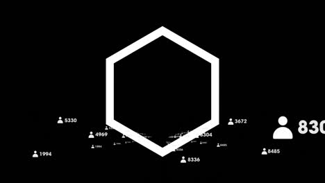 Animación-De-Hexágono-Blanco-Giratorio-E-íconos-De-Personas-Con-Procesamiento-De-Datos-Sobre-Fondo-Negro