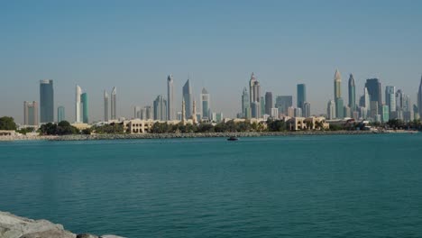 Dubai-Skyline-And-Jumeirah-1-From-Pearl-Jumeirah-At-Daytime-In-Dubai,-UAE,-Middle-East