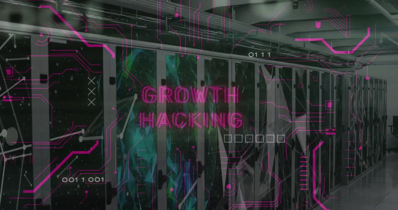 Server rack starting growth hacking animation, drifting code glitching showing network expansion