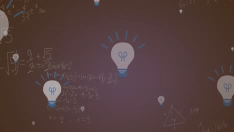 animación de múltiples iconos de bombillas eléctricas y ecuaciones matemáticas contra un fondo gris.