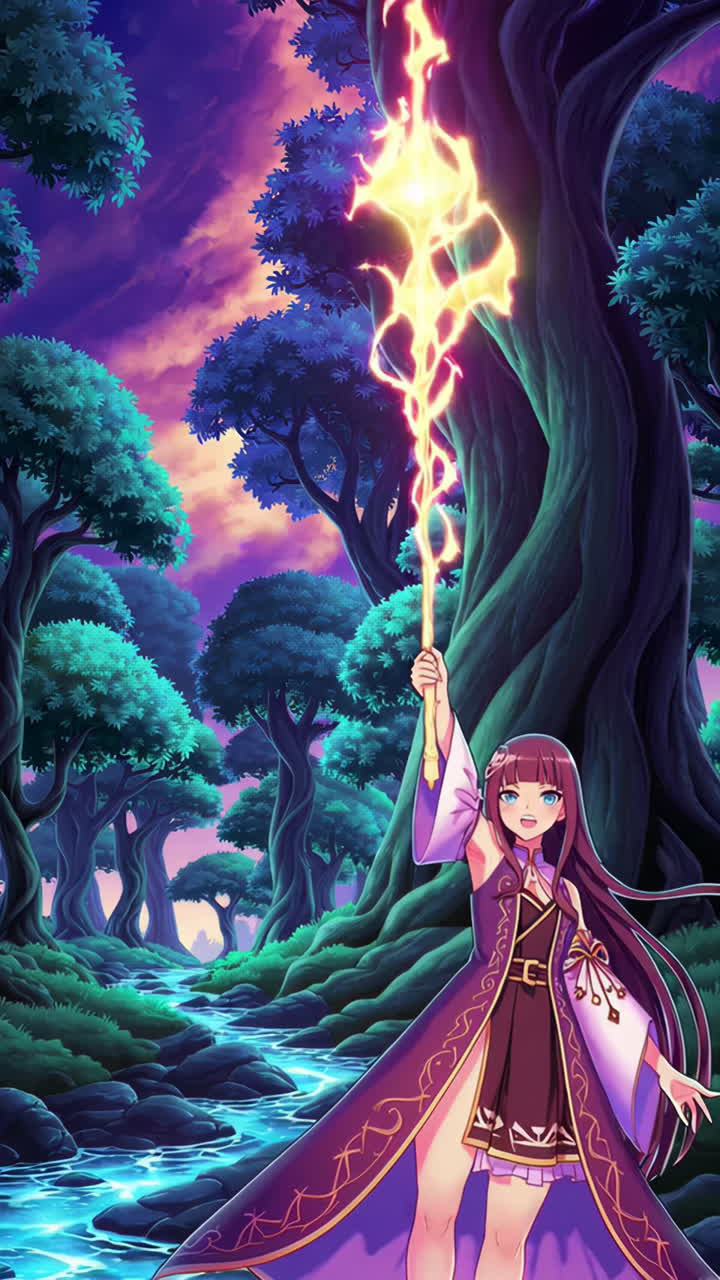 Anime Sorceress in an Enchanted Forest Wielding Magic