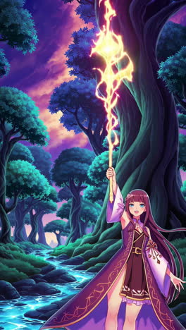 anime sorceress in an enchanted forest wielding magic
