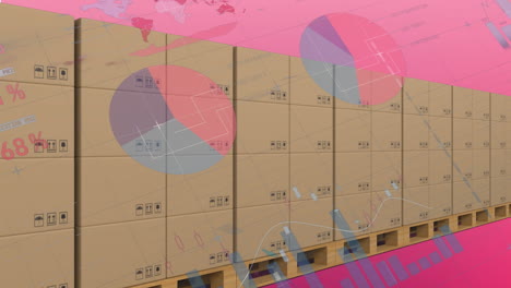 animación del procesamiento de datos estadísticos sobre cajas en cinta transportadora contra un fondo de gradiente