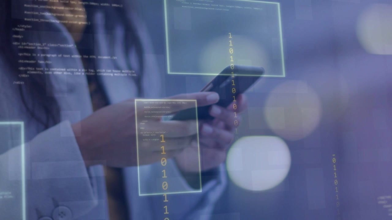 Woman tapping phone with right thumb in urban evening initiating UI code overlays syncing tech data