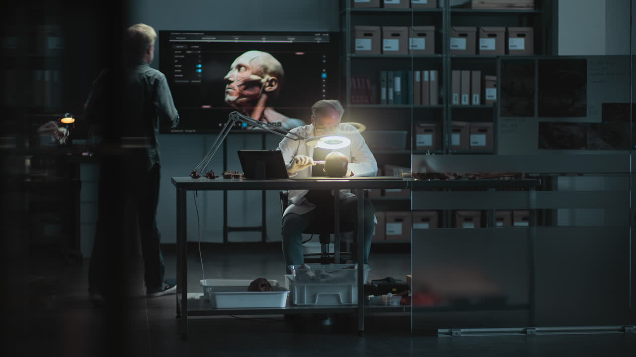 científico examinando un cráneo en un laboratorio