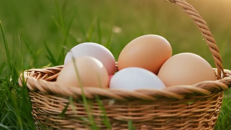 close up of eggs in a basket on grass