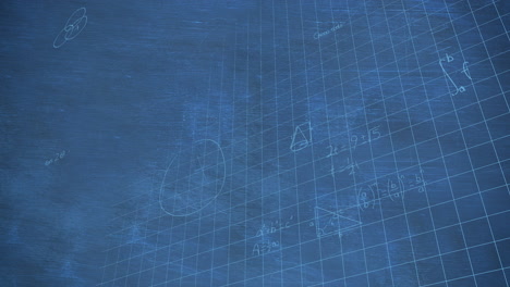animación de ecuaciones matemáticas y diagramas sobre el patrón de cuadrícula contra un fondo azul