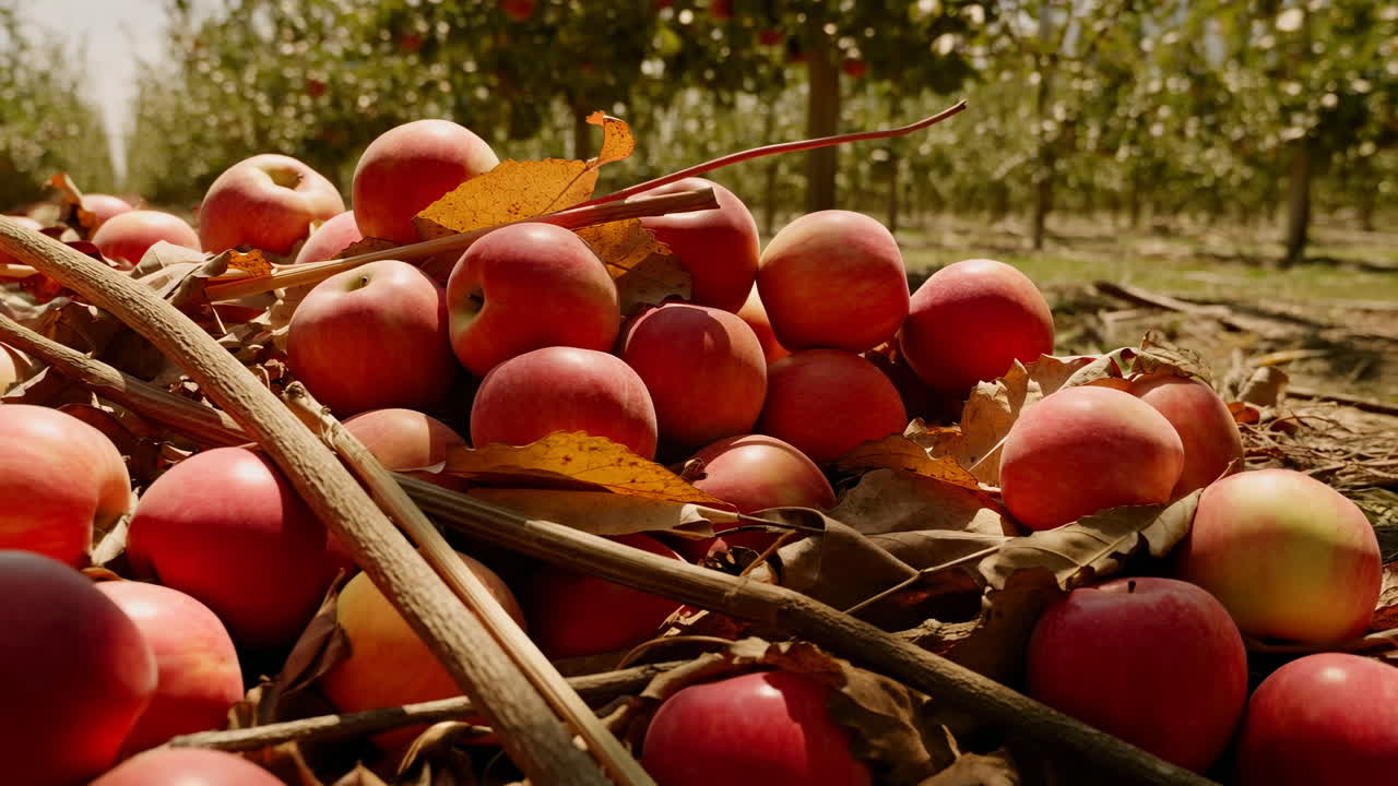 Huerto soleado, manzanas rojas apiladas bajas, vista macro de pequeños frutos maduros anidados entre ramas y hojas secas, cálido.