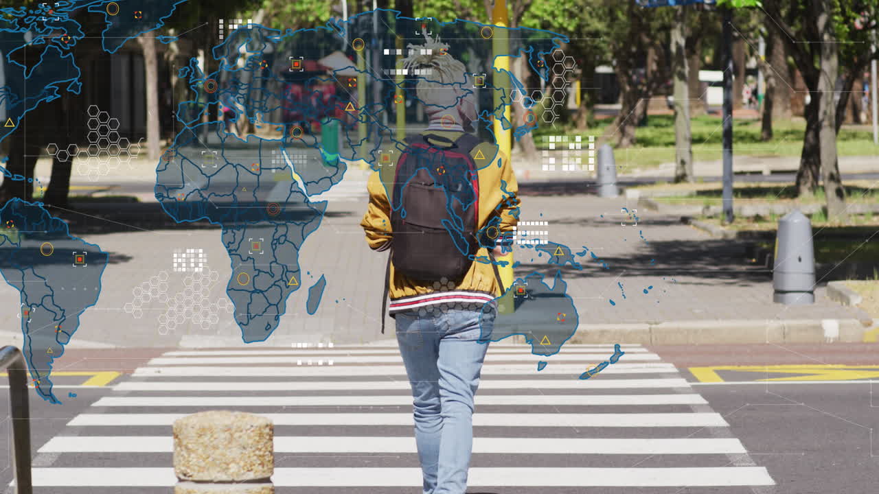 Animation of map, shapes, circuit board pattern, albino african american man crossing street