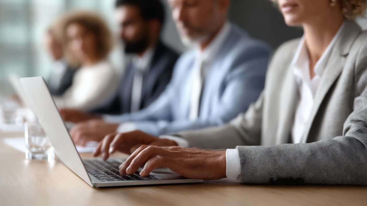 Focused Professional Engaged in Work on Laptop While Collaborating in a Modern Meeting Setting with Colleagues Seated at a Conference Table