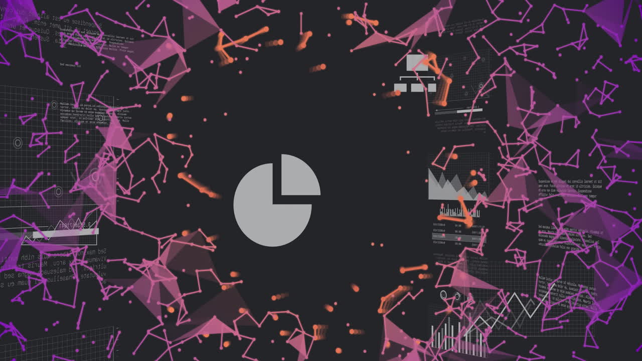 Grey pie chart icon rotating centrally, highlighting swirling pink network nodes and UI charts