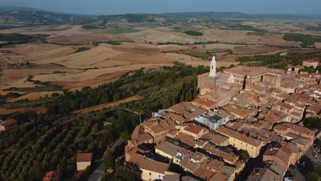 pienza is a beautiful old village in the heart of val d' orcia near siena in tuscany, italy, a masterpiece of mediterranean historic architecture in the idyllic landscape with hills