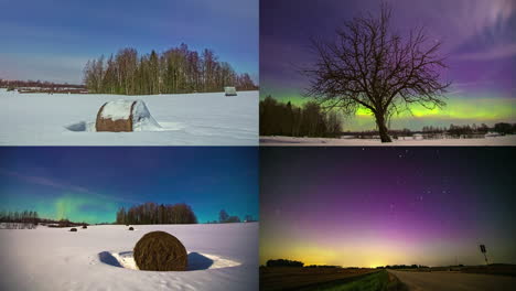 four split screen winter nighttime time lapses of the aurora borealis