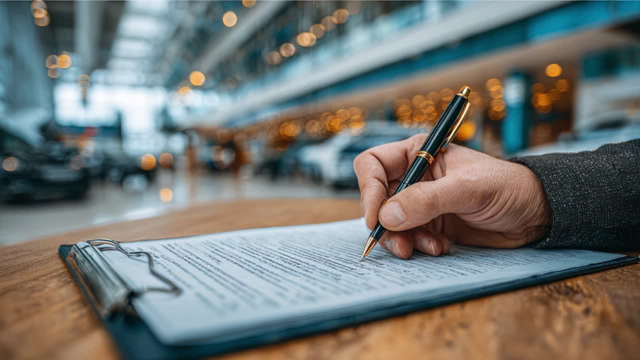 Una mano concentrata che scrive su un documento in un ambiente interno moderno, sottolineando l'importanza della documentazione nelle transazioni commerciali odierne.