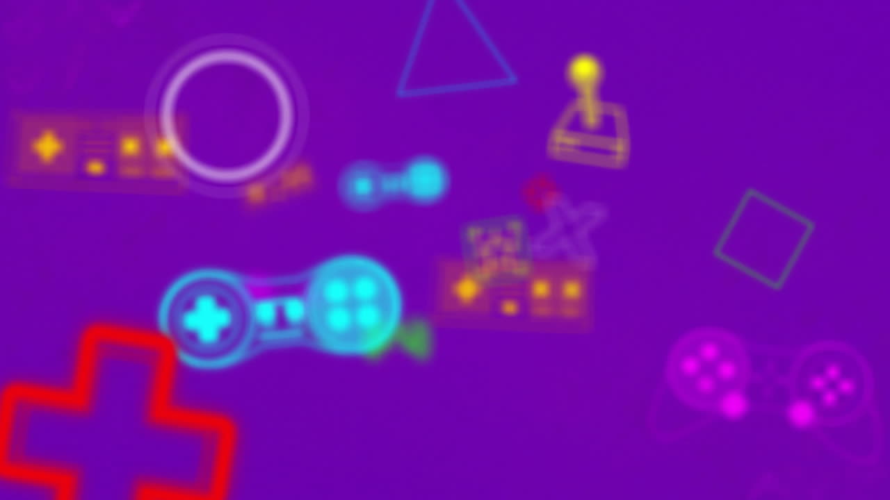 Animation of colourful shapes moving over gaming icons