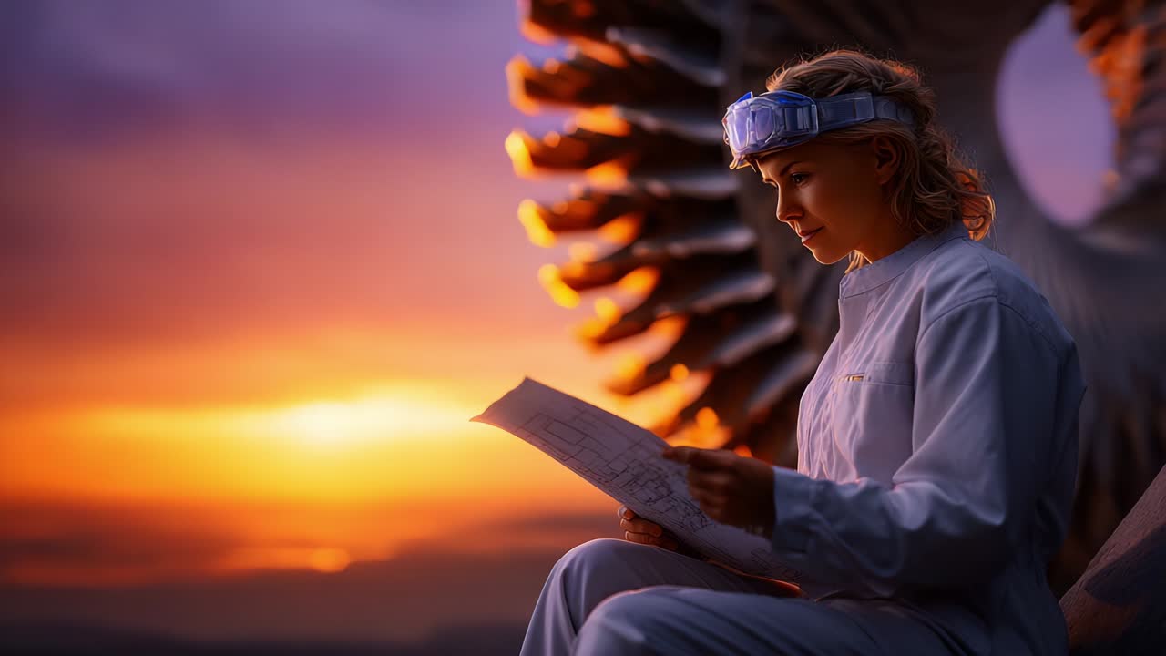 A technician in protective gear thoughtfully examines engineering blueprints while gazing at a magnificent sunset backdrop, reflecting on her role in maintaining advanced turbine technology and its impact on the future