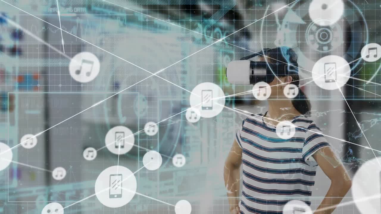 animación de la red de conexiones sobre mujer de negocios con auriculares en la oficina